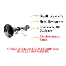 Buzina Ar 1 Corneta Metal Cromada 45cm 12/24V Caminhão Navio