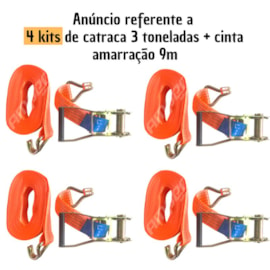 Kit 4 Catraca 3 Toneladas 50mm + Cinta Amarração 9m Carga